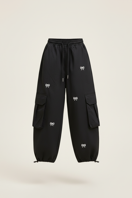 Pantalon Baggy Noir Cargo Nœuds Blancs Streetwear - Polyester - vue 3