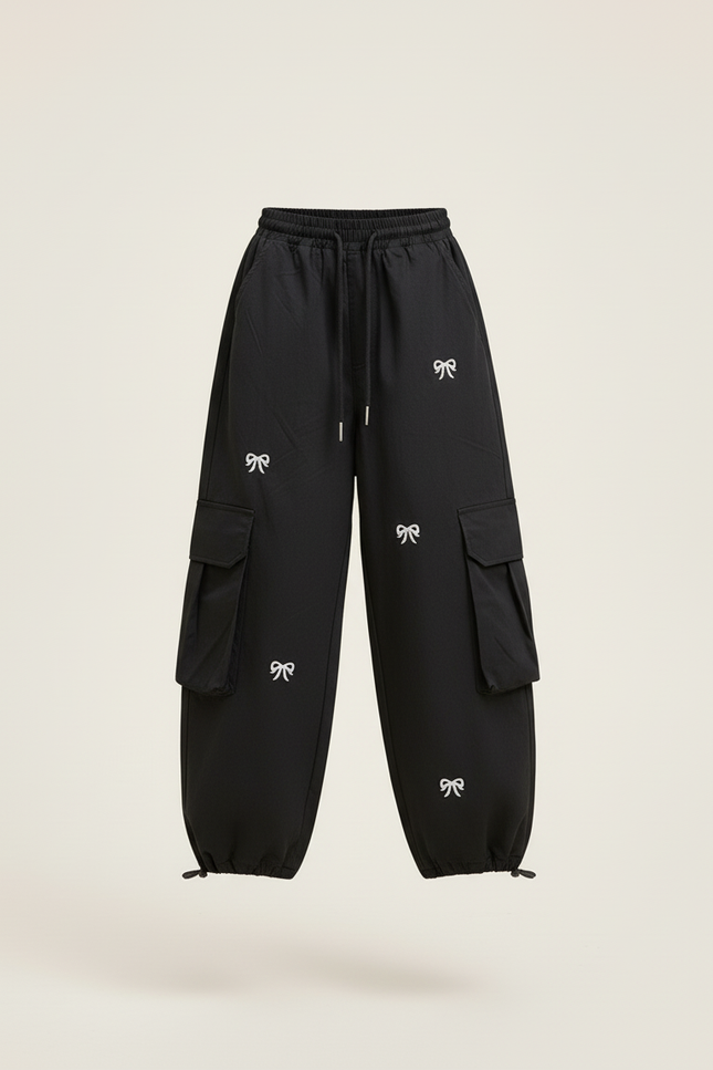 Pantalon Baggy Noir Cargo Nœuds Blancs Streetwear - Polyester - vue 3