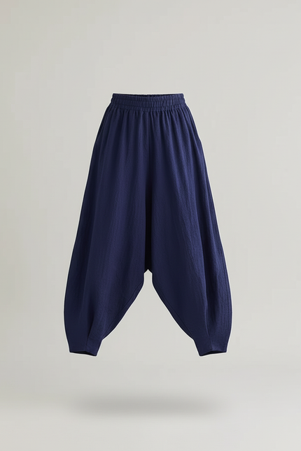 Pantalon Baggy Bleu Marine Ample Coton Lin Fluide - vue 3