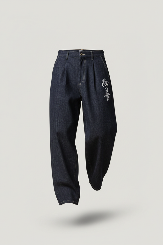 Pantalon Baggy Jean Denim Brodé Ample Plissé - Marine - vue 3