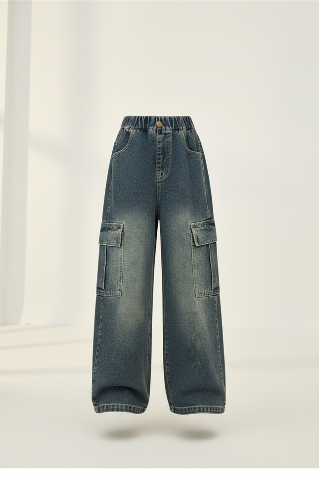 Pantalon Baggy Jean Cargo Délavé Ample Fille - Bleu - vue 3