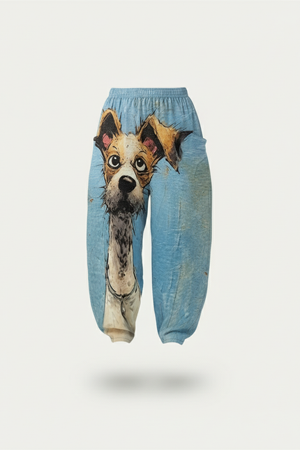 Pantalon Baggy Bleu Imprimé Chien Mignon Ample Fluide Femme - Viscose - vue 3