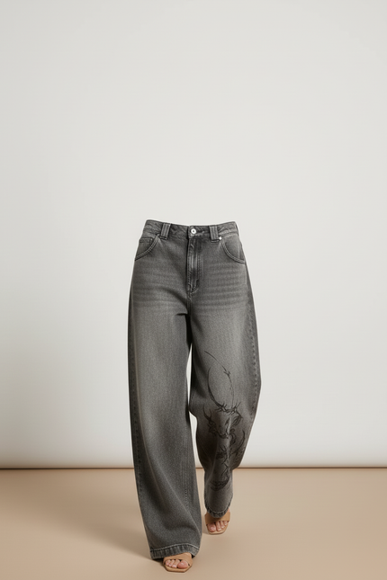 Pantalon Baggy Gris Délavé Ample Brodé Y2K - Jean - vue 3